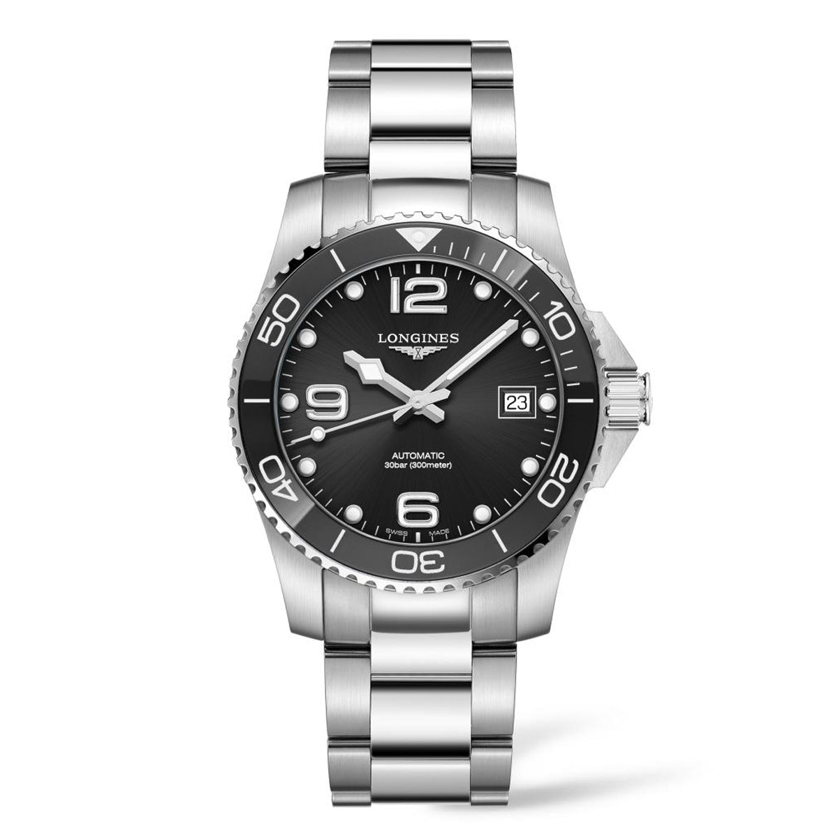 The Longines HydroConquest Automatic 39mm Watch is equipped with a silver stainless steel case featuring a black face that displays the Longines brand name, date, and automatic movement details. The bezel is designed with minute markers, while the linked bracelet offers a sleek design and an elegant appearance perfect for any sport collection.