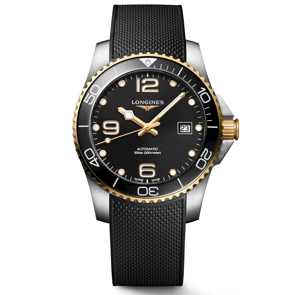 The Longines Hydroconquest Automatic 41mm Watch, a masterpiece of Swiss horological excellence under the esteemed Longines brand, boasts a black face adorned with gold and white hour markers alongside a date display. Its scratch-resistant sapphire crystal pairs beautifully with the gold-accented bezel and black textured strap.