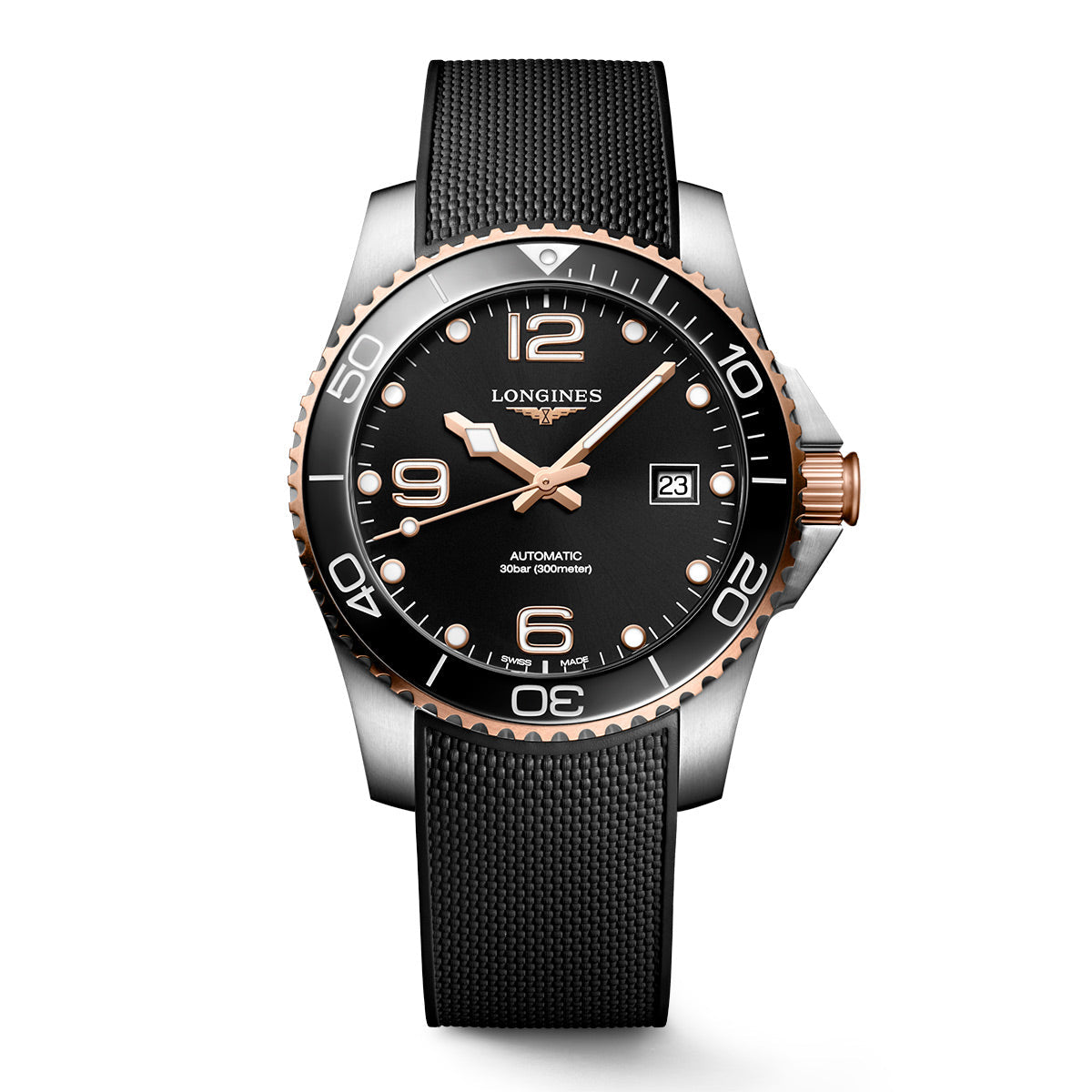 The Longines HydroConquest Automatic 41mm Watch from the Sport Collection is a luxury wristwatch featuring a silver and rose gold case, a black dial with silver and rose gold accents, and a black textured strap. It includes a date window at the 3 o'clock position enhanced with Swiss Super-LumiNova for improved visibility.