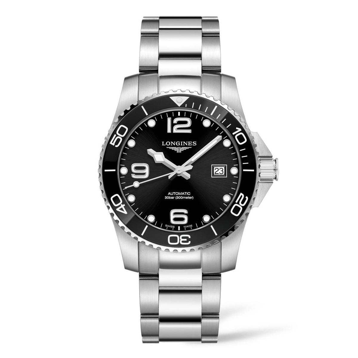 The Longines HydroConquest Automatic 41mm Watch exemplifies Swiss horological tradition with a refined silver stainless steel finish. It boasts a black dial with white hour markings and hands, complemented by a black bezel featuring minute markers. At the 3 o'clock position, there is a date display. Powered by automatic movement, it exudes elegance.