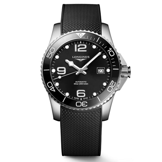 The Longines HydroConquest Automatic 41mm Watch boasts a striking silver design with a black dial and bezel, highlighted by white numerals and markers coated in Swiss Super-LumiNova. It features a date function and comes with a black rubber strap. The dial prominently displays the brand name "Longines" alongside "Automatic.