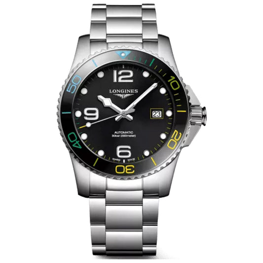 From the Longines Sport Collection, the Longines HydroConquest XXII Commonwealth Games Automatic 41mm Watch features a stainless steel bracelet, black dial, and multicolored bezel. With prominent Arabic numerals at 6, 9, and 12 o'clock and a date window at 3 o'clock, this watch elegantly showcases its automatic movement.