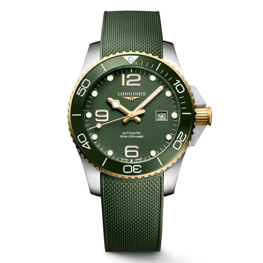 The Longines HydroConquest Automatic 43mm Watch showcases a stylish design with its green dial and strap. It features a gold bezel, along with white numerals and hands. This high-performance watch from Longines provides automatic movement, displays the date at 3 o'clock, and offers water resistance up to 300 meters.