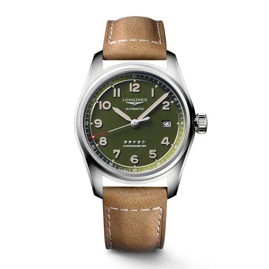 The Longines Spirit Automatic 40mm Watch features a green dial with silver hour markers, protected by a scratch-resistant sapphire crystal and housed in a stainless steel case. Celebrating its pioneering legacy, it includes a date window at 3 o'clock and is paired with a brown leather strap featuring white stitching.