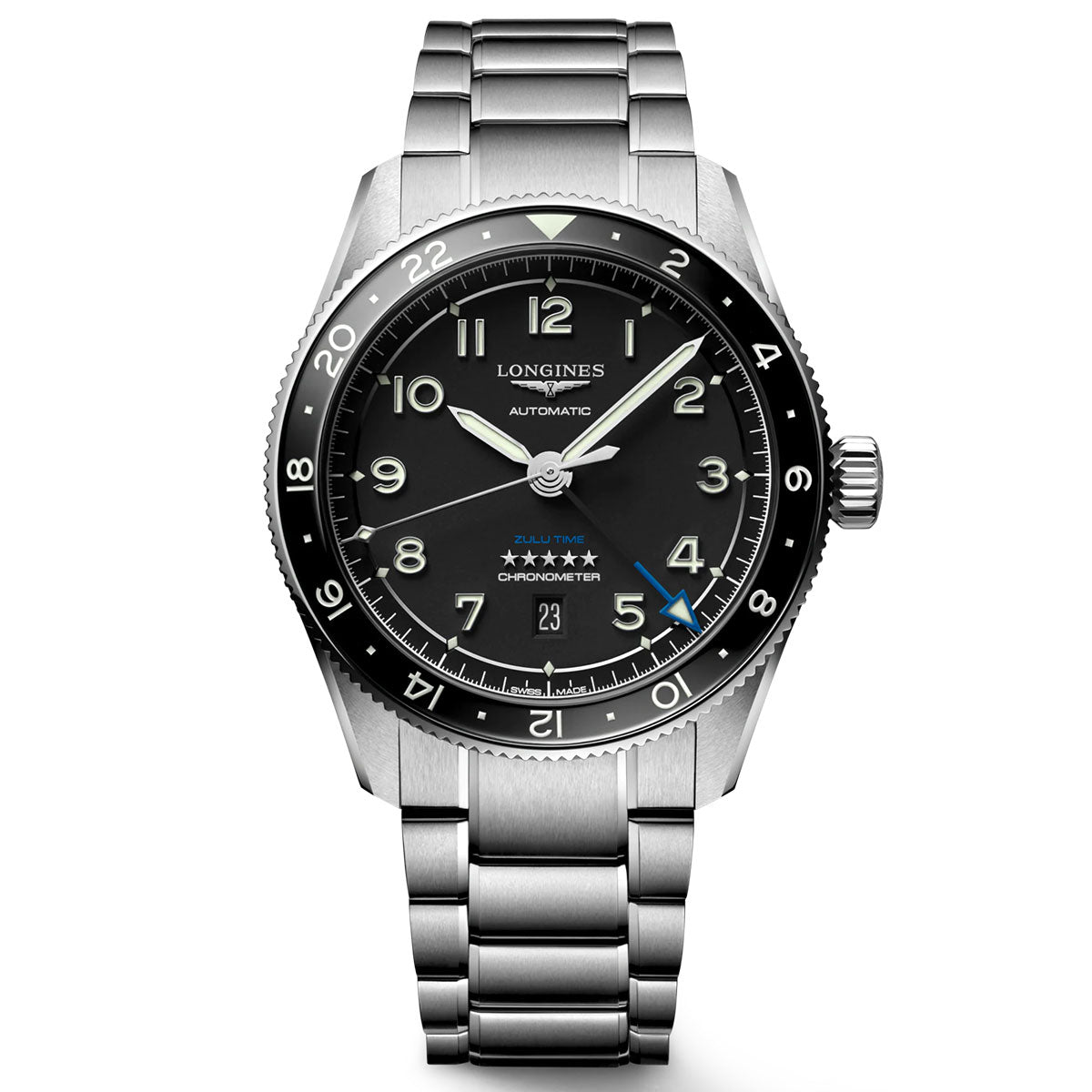 The Longines Spirit Zulu Time Automatic 42mm Watch features a stainless steel band and a black dial, paying homage to aviation timepieces. Large Arabic numerals, luminous hands, and a date display at 6 o'clock enhance the elegance of the "Longines" logo prominently positioned below 12 o'clock.