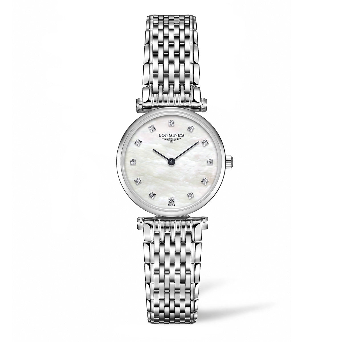 The Longines La Grande Classique Quartz 24mm Watch embodies classical elegance with its sleek silver metal bracelet and round, white mother-of-pearl dial. This timepiece from Longines features a minimalist design and quartz mechanism, highlighted by small diamond-like hour markers. The brand's signature, "Longines La Grande Classique," is subtly inscribed on the dial.