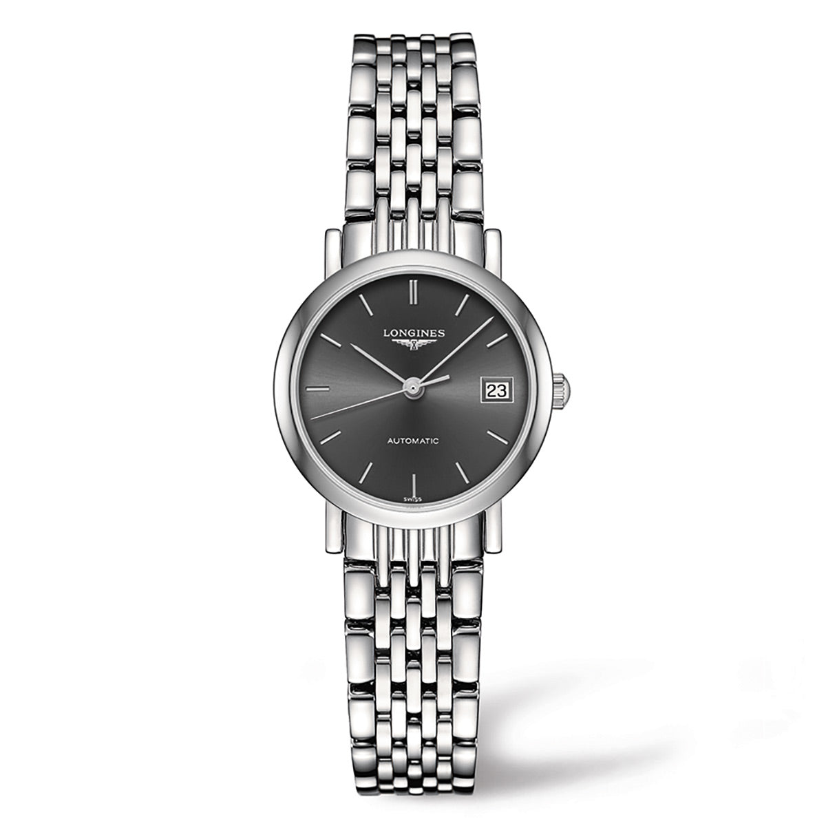 This Longines Elegant Collection Automatic 25.5mm Watch showcases a self-winding mechanical movement, featuring a round gray dial with minimalist hour markers and a date display at 3 o'clock. It is elegantly complemented by a silver link band.