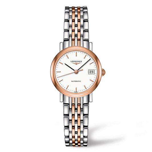 This Longines Elegant Collection Automatic 25.5mm Watch boasts a round, white dial adorned with silver and rose gold accents. The interlocking bracelet pairs seamlessly with the scratch-resistant sapphire crystal face, which showcases three silver hands and a date window at 3 o'clock. The brand name is elegantly displayed on the watch face.