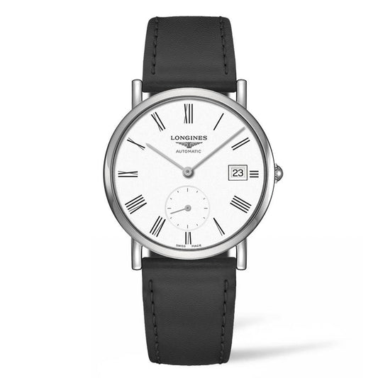 This Longines Elegant Collection Automatic 34.5mm Watch showcases a black leather strap and a round white dial adorned with Roman numerals, accompanied by a small second subdial and a date window positioned at 3 o'clock. The polished metal casing encases self-winding mechanical movements, protected by scratch-resistant sapphire crystal.