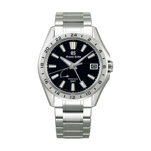 The Grand Seiko Evolution 9 Collection High-Intensity Titanium Spring Drive GMT 41mm watch combines sleek design with a black dial and high-intensity titanium band and case. It features luminescent hands and markers, a date display at 3 o'clock, and a 24-hour bezel for precise timekeeping.