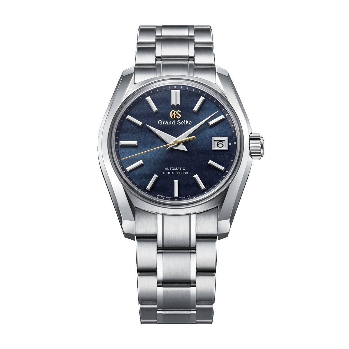 The Grand Seiko Heritage Collection 62GS SHUBUN Automatic with Manual Winding Hi-Beat Calibre 9S85 40mm Watch features a robust stainless steel construction and a captivating Shūbun-inspired blue dial. It includes elegant silver hour markers, a date display at the 3 o'clock position, and precise three-hand movement. The bracelet complements the timepiece with its polished and brushed finish for a seamless look.