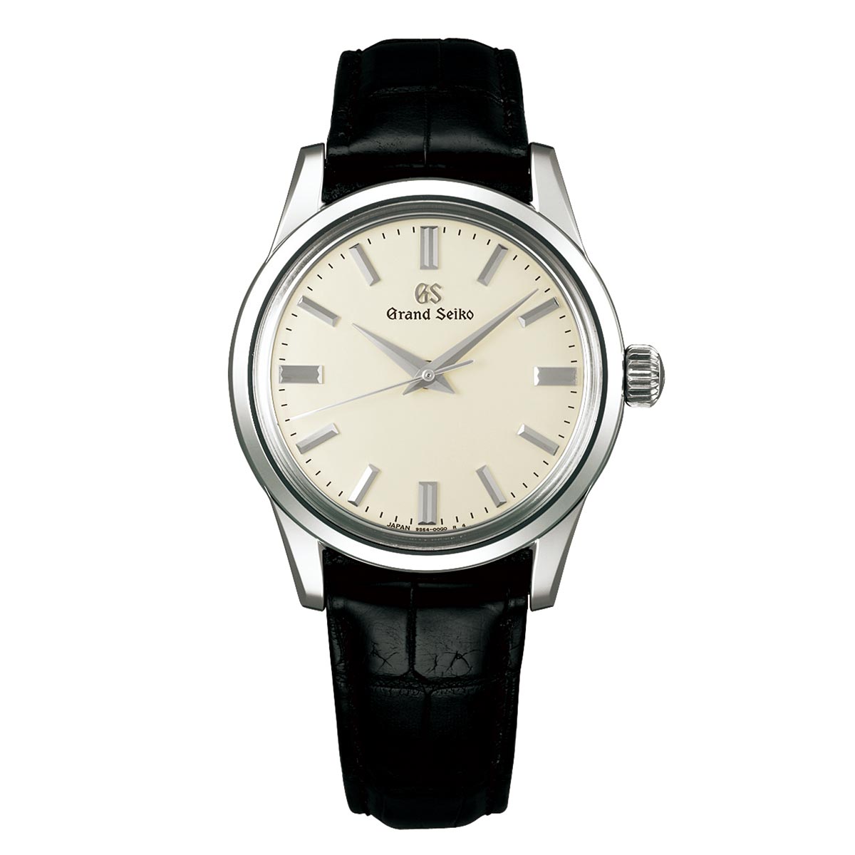 This Grand Seiko wristwatch from the Heritage Collection showcases a silver case, light beige dial, and black leather strap. It includes silver hour markers and a date window, exuding simple elegance enhanced by advanced MEMS technology.