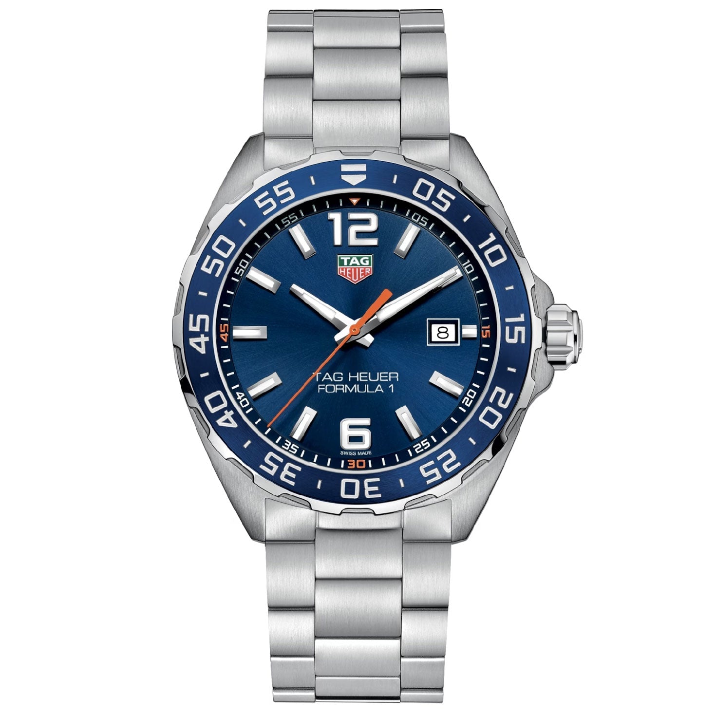 Introducing the TAG Heuer Formula 1 Date Quartz 43mm Watch—a silver timepiece by TAG Heuer featuring a striking sunray blue dial, date display, silver hour markers, and a robust steel bracelet. Its blue bezel with bold white numerals captures the iconic signature style of TAG Heuer.