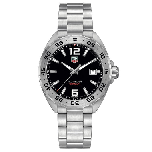 The TAG Heuer Formula 1 Date Quartz 41mm Watch by TAG Heuer features a robust stainless steel case, a black dial with silver hour markers, a date display at the 3 o’clock position, and a sleek brushed metal bracelet.