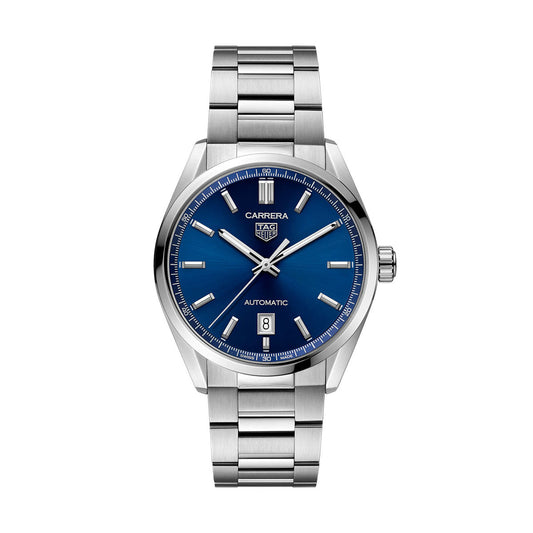 The TAG Heuer Carrera Date Automatic 39mm Watch by TAG Heuer is a contemporary sports timepiece showcasing a bold blue dial with silver hour markers, a date window at 6 o’clock, and is finished with a stainless steel bracelet.