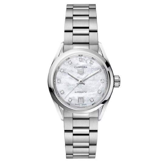The TAG Heuer Carrera Date Automatic 29mm Watch by TAG Heuer showcases a radiant mother-of-pearl dial highlighted by sparkling diamond hour markers, a refined metal bracelet, and a convenient date display positioned at 6 o’clock.