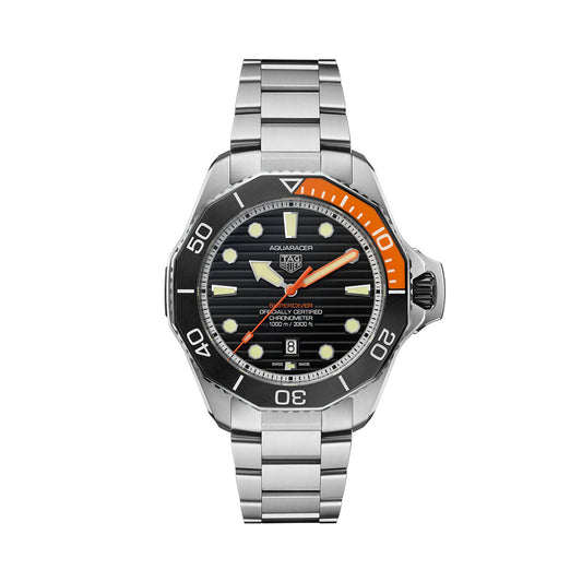 The TAG Heuer Aquaracer Professional 1000 Superdiver Automatic 45mm watch by TAG Heuer features a silver case, a black dial with silver hour markers, and an orange segment on the bezel, presented against a white background.
