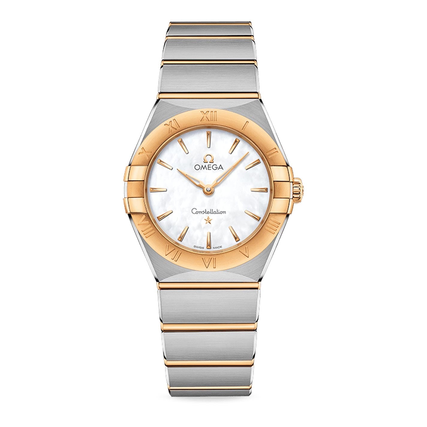 The OMEGA Constellation Quartz 28mm Watch exudes luxury with its silver and gold tone stainless steel band, round white dial adorned with gold hour markers, and an eye-catching gold bezel. Featuring the iconic Omega logo, it is driven by the accurate Calibre 4061 movement.