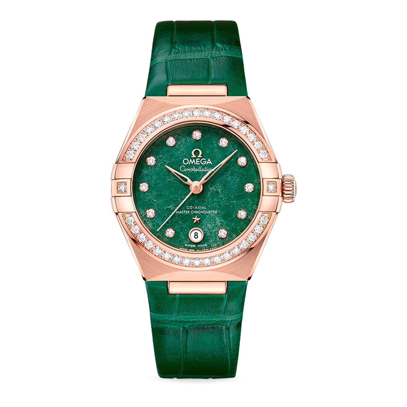 The OMEGA Constellation Co-Axial Master Chronometer 29mm Watch is an exquisite timepiece, showcasing a green leather strap paired with a rose gold case embellished with diamonds. The green textured dial is accentuated by diamond hour markers made from 18K Sedna™ gold, while the OMEGA Constellation logo and a date display at 6 o'clock complete its luxurious design.