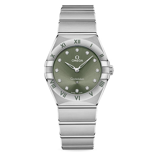 The refined OMEGA Constellation Quartz 28mm Watch showcases a captivating green matcha dial embellished with diamond hour markers. Its sophisticated design includes Roman numerals on the bezel and a polished stainless steel bracelet, crafted by OMEGA to be a timeless accessory for any occasion.