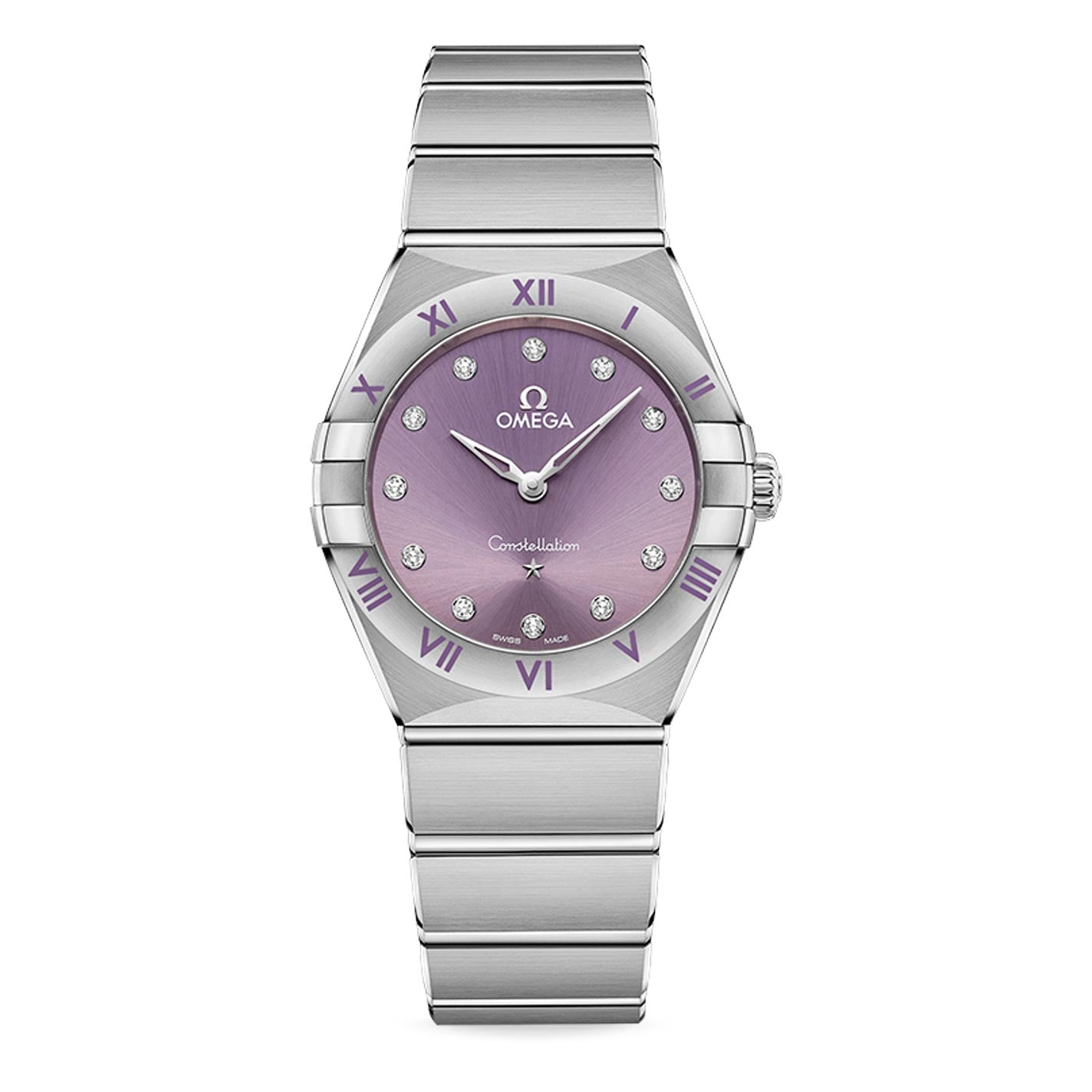 The OMEGA Constellation Quartz 28mm Watch features a patchouli blossom dial adorned with diamond hour markers and purple Roman numeral indices. This elegant timepiece from OMEGA offers a sleek, modern design with its stainless steel strap, ensuring it is both stylish and sophisticated.