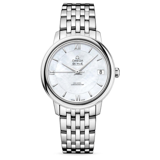 The OMEGA De Ville Prestige Co-Axial Chronometer 32.7mm Watch showcases a silver polished metal bracelet and a classic round dial. With Roman numerals and a date display at the 3 o'clock position, it represents luxury timepieces with its elegant design and the OMEGA logo beneath the 12 o'clock marker.