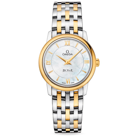 The OMEGA De Ville Prestige Quartz 27.4mm Watch exudes timeless elegance with its two-tone metal bracelet in silver and gold. The white dial features gold Roman numerals and hands, accentuating the luxurious finishes that define its sophisticated appearance.