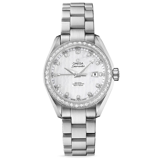 The OMEGA Seamaster Aqua Terra 150M Co-Axial Chronometer 34mm Watch features a luxurious silver bracelet and an embellished bezel. Its white dial, detailed with diamond hour markers and the Aqua Terra logo, elegantly displays the date at the 3 o'clock position.
