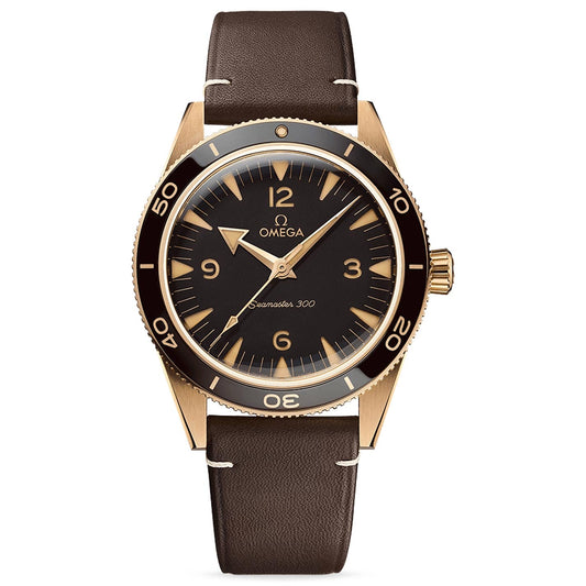 An exquisite timepiece, the OMEGA Seamaster 300 Co-Axial Master Chronometer 41mm Watch showcases a brown leather strap and a round, bronze gold case. The black dial is adorned with gold hour markers and hands, enhanced by Super-LumiNova. The name "OMEGA" and "Seamaster 300" text are prominently featured on the dial, while the bezel includes a diving scale.
