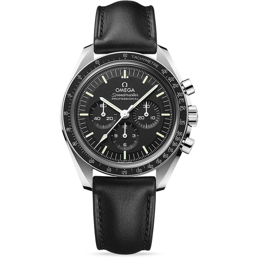 The OMEGA Speedmaster Moonwatch Professional, an iconic black chronograph from OMEGA, features a stainless steel case and a black dial with three sub-dials. It includes a tachymeter scale on the bezel and a sophisticated black leather strap, powered by the precise Co-Axial Master Chronometer Calibre 3861.