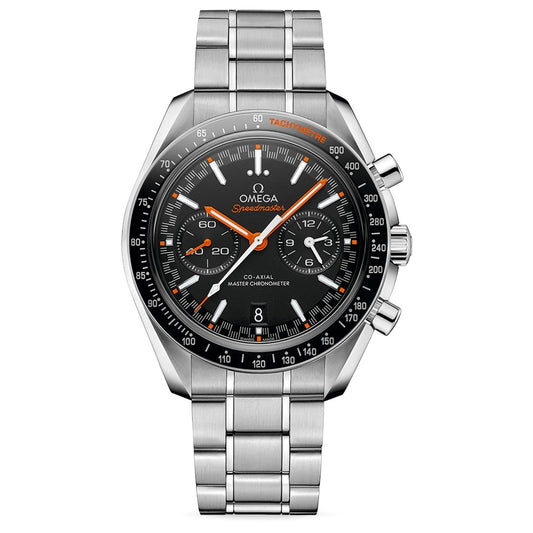 The OMEGA Speedmaster Racing Co-axial Master Chronometer Chronograph 44.25mm Watch features a stainless steel case with a black dial, lively orange accents, and three sub-dials. Its bezel is highlighted with a tachymeter scale, paired with a sophisticated metal link bracelet for an elegant yet sporty look.